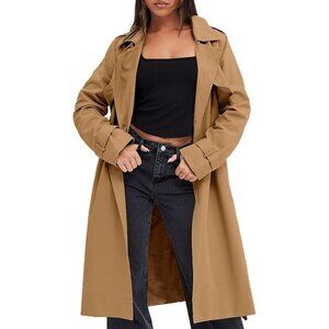 Women's Brown Double-Breasted Trench Coat, Casual Windproof Overcoat with Belt